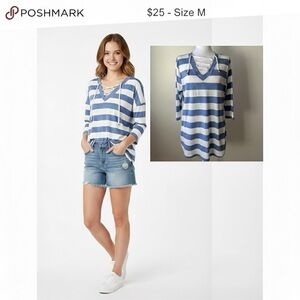La Madona Blue & White Striped V-Neck Tee w/ Lace-Up Detail - Casual Chic! Sz M